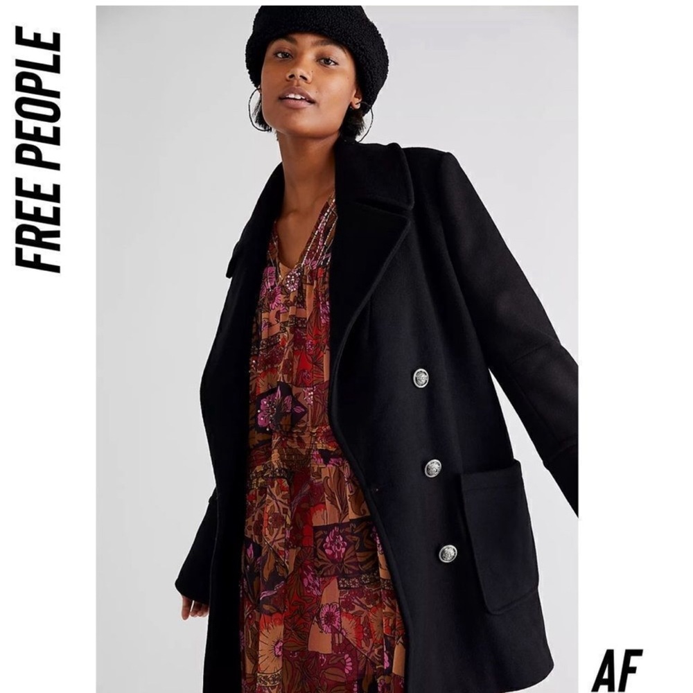 Free People EXCELLENT Naiomi Wool Black pea coat Jacket XS!!!!!! French style